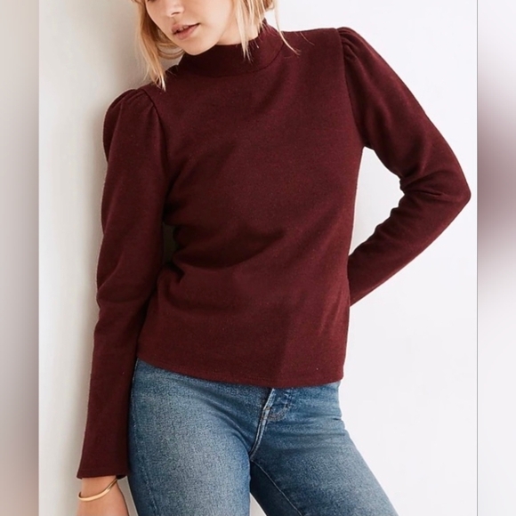Madewell Sweaters - Madewell (Re)sourced Mockneck Puff-Sleeve Top Sweater Burgundy Size Small